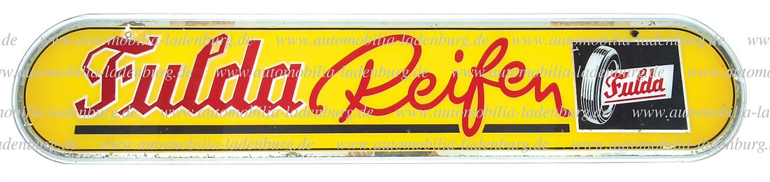 FULDA TIRES Glass sign / advertising sign "Fulda tires", 25x129cm German Description FULDA REIFEN (1 of 1)