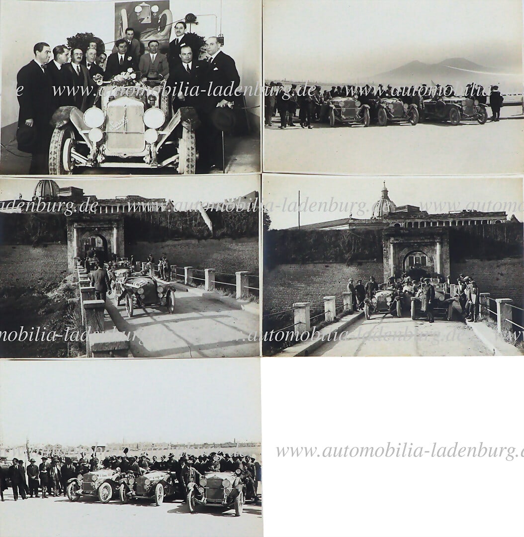 OM Mille Miglia 1927, set of 5 original b/w photographs, the winning team of the first Mille Miglia, (1 of 2)