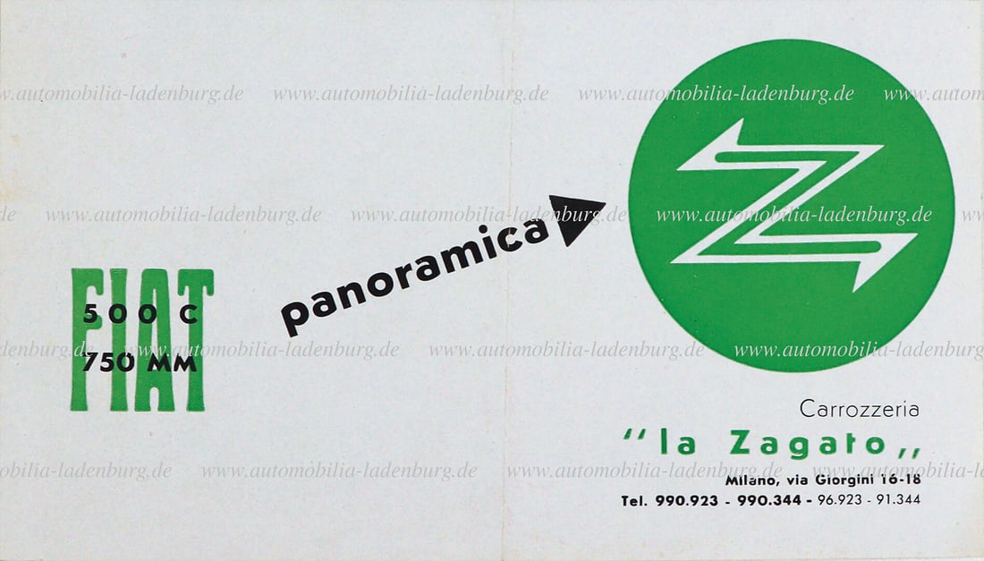 FIAT / ZAGATO c. 1947, folding brochure "Panoramica" Fiat 500C and 750 Mille Miglia Zagato, 4 pages, (1 of 1)