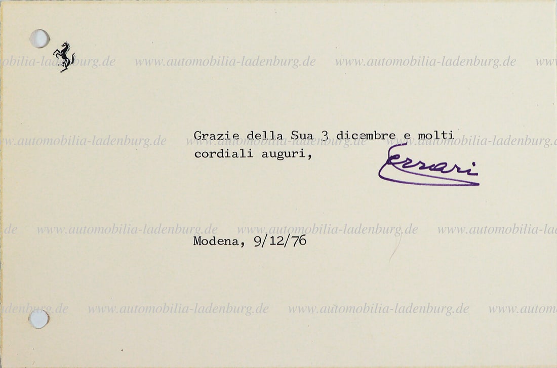 FERRARI 9.12.1976, signed thank you card Enzo Ferrari, good condition German Description FERRARI (1 of 1)
