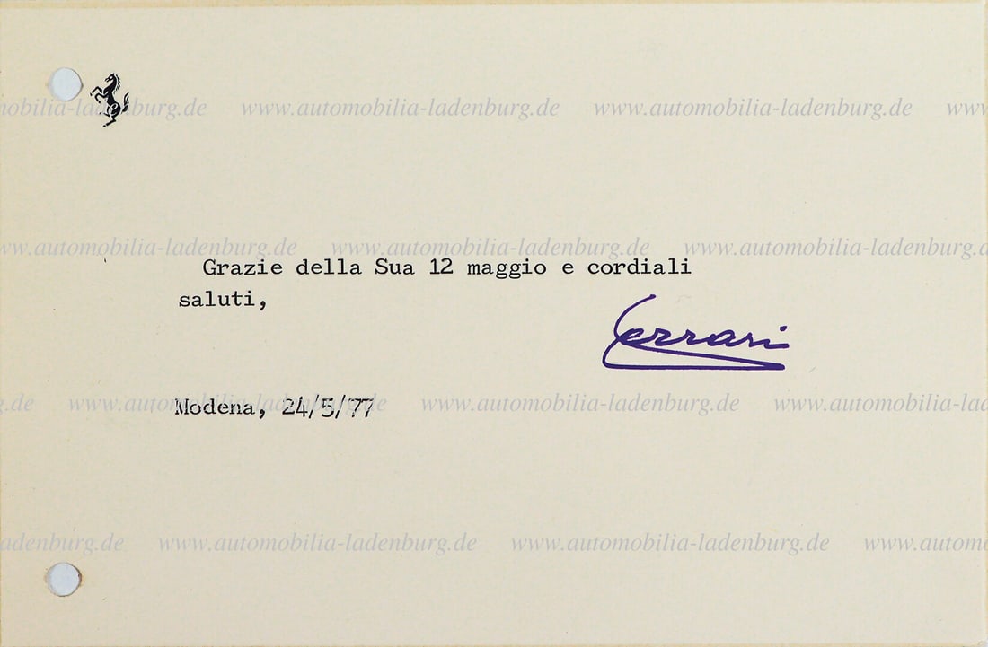 FERRARI 24.5.1977, signed thank you card Enzo Ferrari, good condition German Description FERRARI (1 of 1)