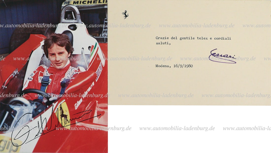 FERRARI Mixed lot of 2 pieces, signed factory postcard (Gilles Villeneuve), on the occasion of: FERRARI Mixed lot of 2 pieces, signed factory postcard (Gilles Villeneuve), on the occasion of victory at the Canadian Grand Prix (Watkins Glen) 1979, signed by Enzo Ferrari, plus thank you card with 