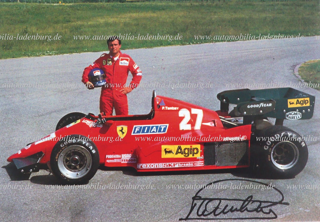 FERRARI 13.9.1983, signed factory postcard (Patrick Tambay), on the occasion of second place Grand (1 of 2)