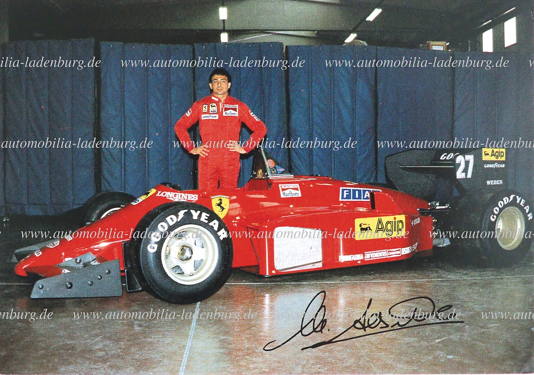 FERRARI 20.5.1985, hand-signed factory postcard (Michele Alboreto), on the occasion of second place (1 of 2)