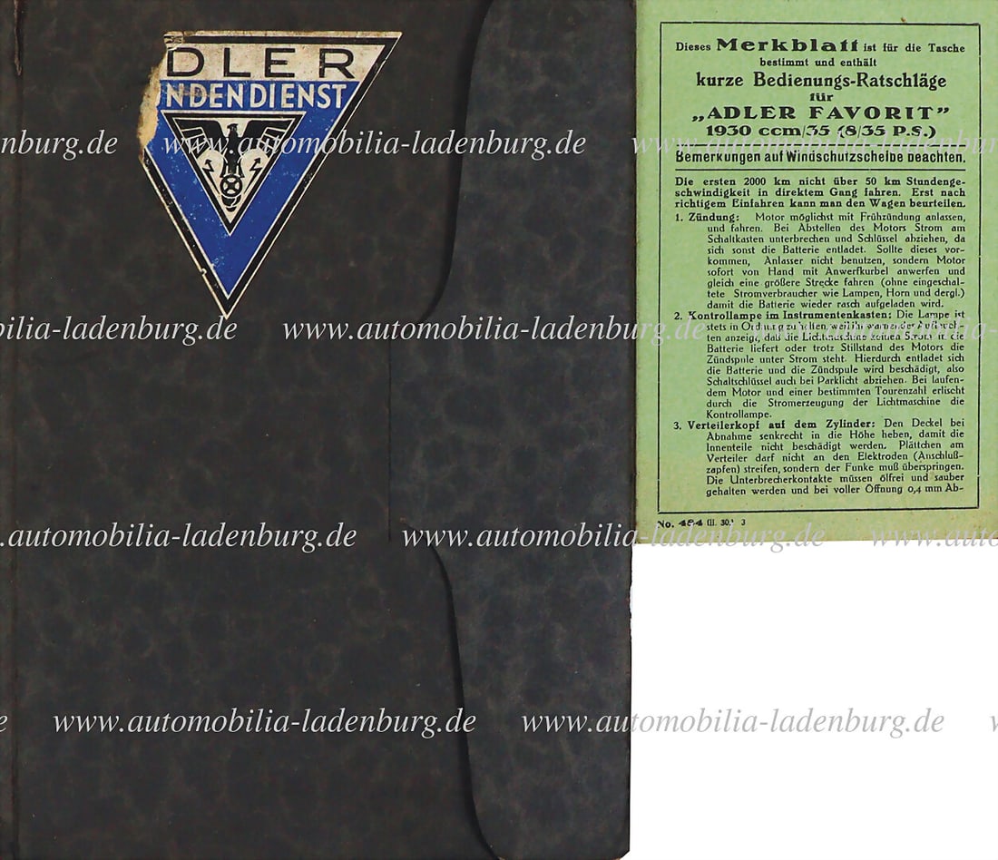 ADLER 1920, on-board folder "Customer service checks", Adler Favorit, with entries, with leaflet (1 of 1)