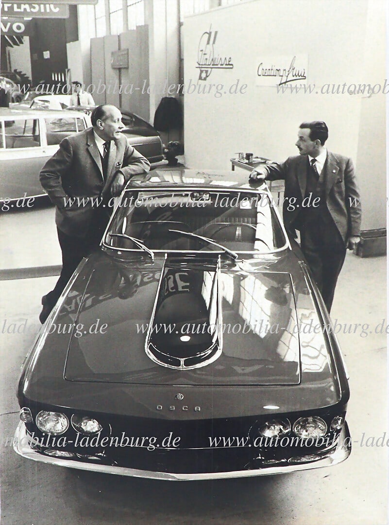 OSCA Geneva Motor Show, March 1961, large-format original b/w photograph (publicity photo), Hans (1 of 2)
