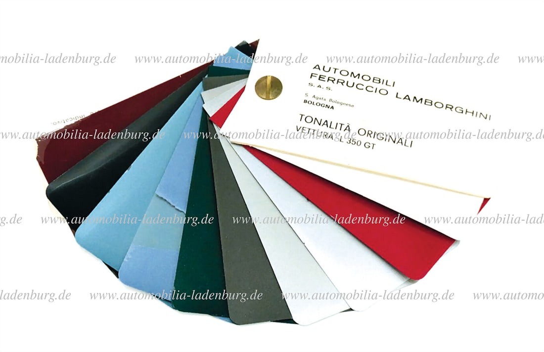LAMBORGHINI 1964, paint sample card "Automobili Ferruccio Lamborghini - Tonalita Originali Vettura: LAMBORGHINI 1964, paint sample card "Automobili Ferruccio Lamborghini - Tonalita Originali Vettura 350GT", with a total of 10 color samples, including Ferrari colors, Verde Scuro, Blu Chiaro... Rarity