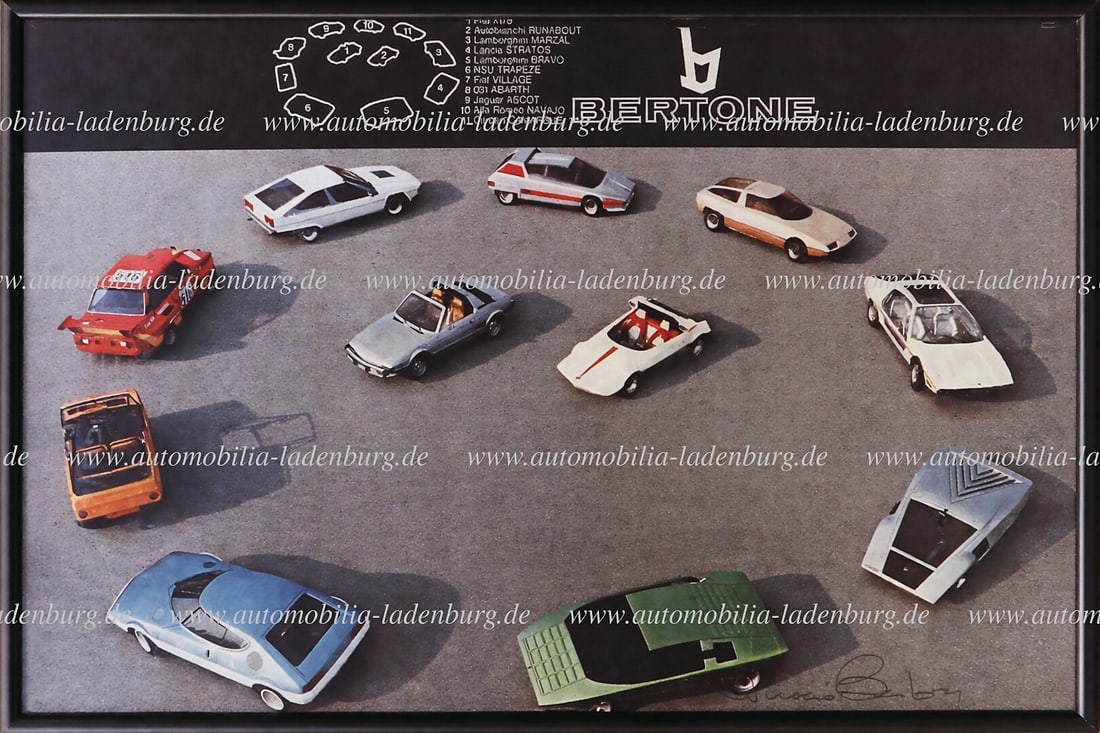 BERTONE Hand-signed Bertone advertising poster, with prototypes such as Fiat X1/9; Autobianchi (1 of 1)