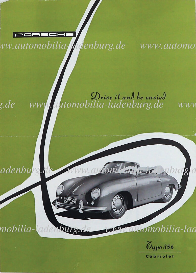 PORSCHE 1955, flyer "Drive it and be envied" Porsche Type 356 Cabriolet, English text, printed on: PORSCHE 1955, flyer "Drive it and be envied" Porsche Type 356 Cabriolet, English text, printed on both sides, (20 M 6.55 Gl.), fold mark in the middle, approx. 3mm. of the upper left corner missing Ge