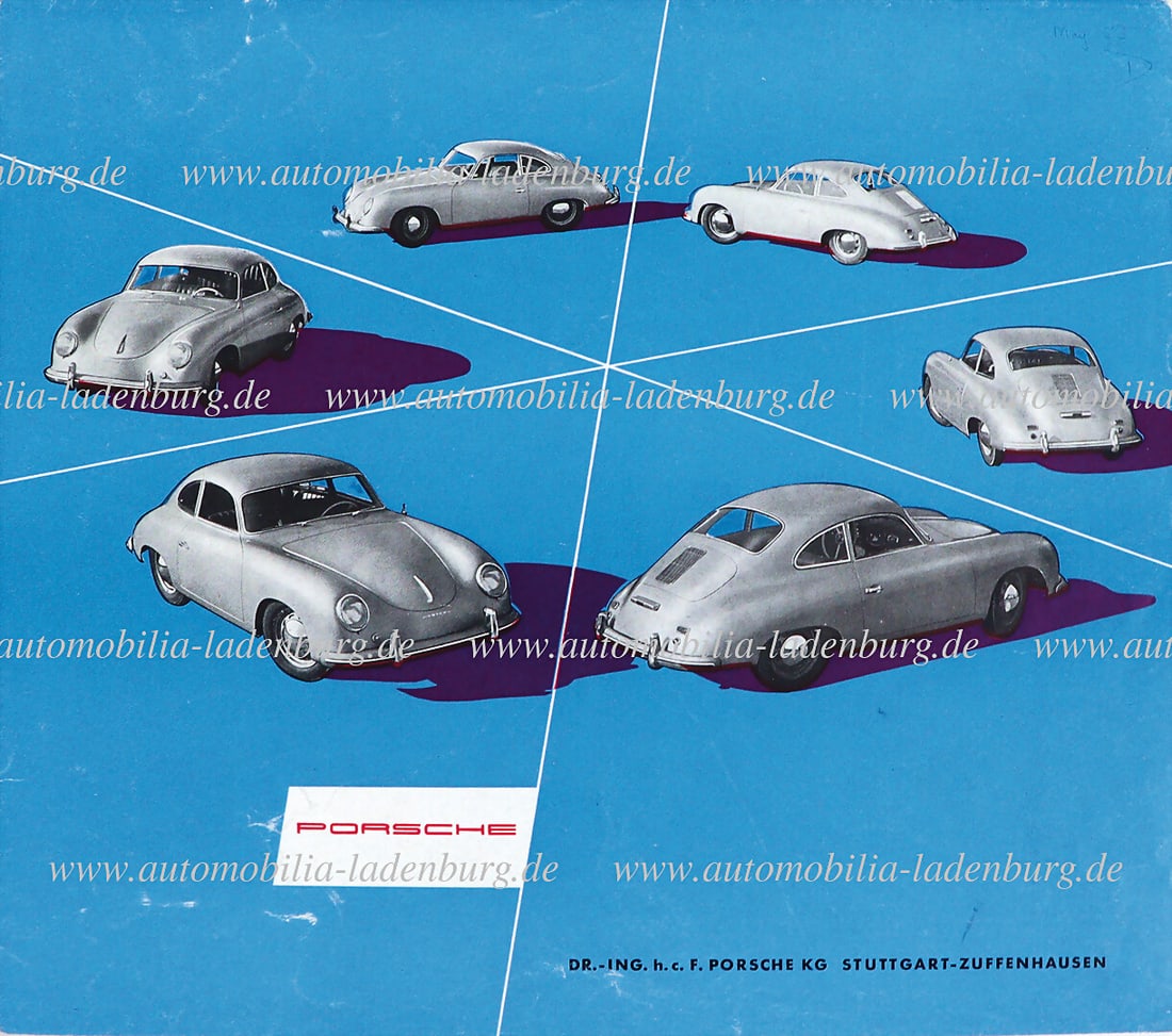PORSCHE 1953, folding brochure Porsche 356 pre A, 8 pages, French text, inside technical data on: PORSCHE 1953, folding brochure Porsche 356 pre A, 8 pages, French text, inside technical data on engines 1.1 liter; 1.3 liter; 1500 & 1500 Super, (5. 53. 50.), with traces of usage German Description 