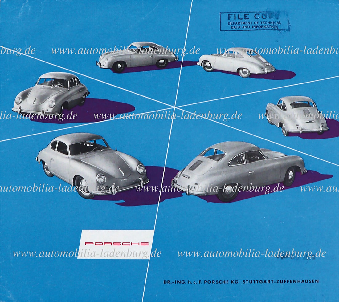 PORSCHE 1953, folding brochure Porsche 356 pre A, 8 pages, German text, inside technical data on: PORSCHE 1953, folding brochure Porsche 356 pre A, 8 pages, German text, inside technical data on engines 1.1 liter; 1.3 liter; 1500 & 1500 Super, (5. 53. 50), front side stamped, with traces of use, a
