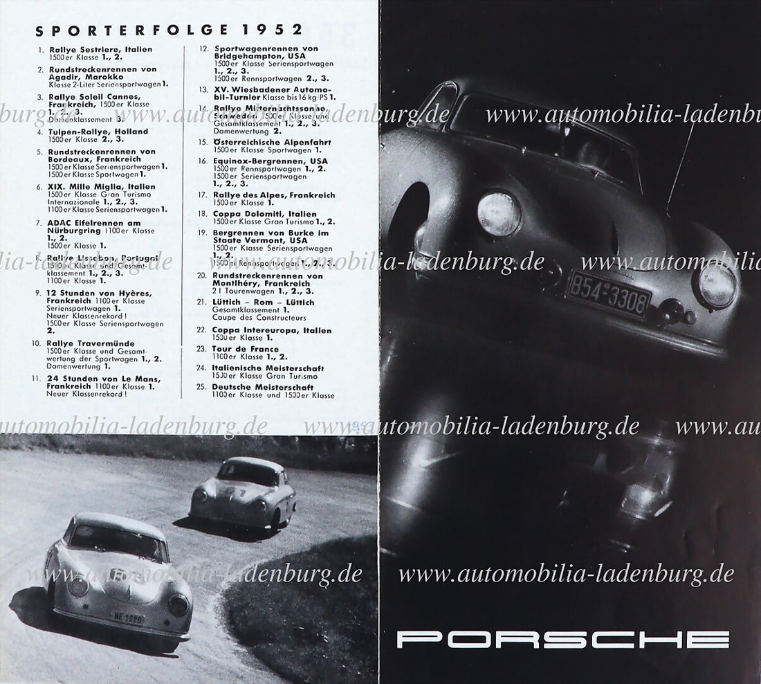 PORSCHE 1953 folding brochure Porsche 356 pre A, inside with technical data to i.a.: Engines 1.1: PORSCHE 1953 folding brochure Porsche 356 pre A, inside with technical data to i.a.: Engines 1.1 liter; 1.3 liter, 1500 & 1500 Super, on the back sports successes 1952, 4 pages, German text, good cond