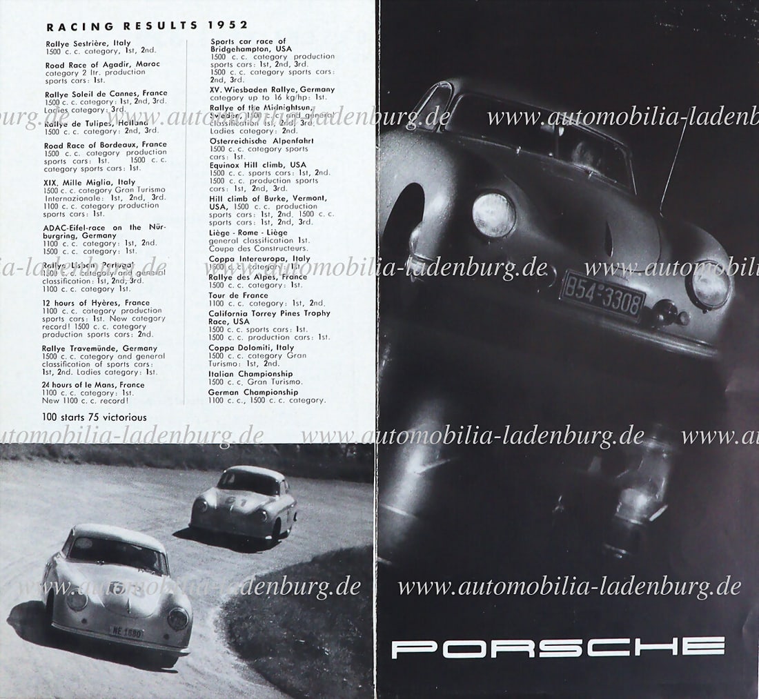 PORSCHE 1953, folding brochure Porsche 356 pre A, inside with technical data to i.a.: Engines 1.1: PORSCHE 1953, folding brochure Porsche 356 pre A, inside with technical data to i.a.: Engines 1.1 liter; 1.3 liter, 1500 & 1500 Super, on the back sports successes 1952, 4 pages English text, slight s