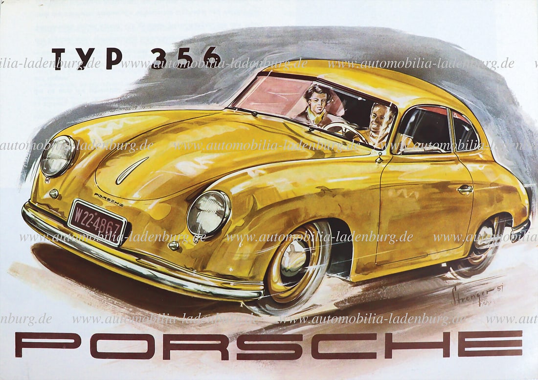 PORSCHE 1952, folding brochure Porsche 356 pre A, 8 pages German text, (draft Strenger), on the back: PORSCHE 1952, folding brochure Porsche 356 pre A, 8 pages German text, (draft Strenger), on the back technical data engine 1.1 & 1.3 liter, good condition German Description PORSCHE 1952, Faltprospekt