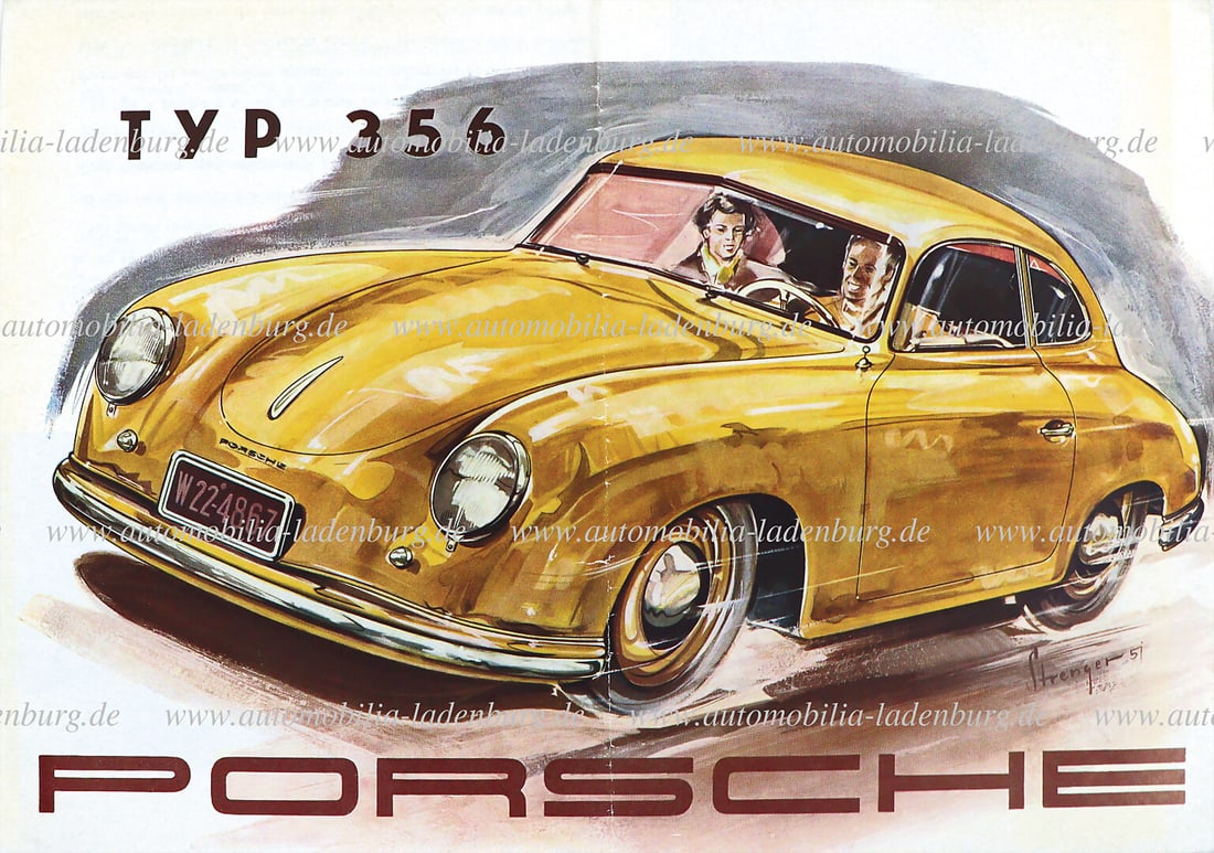 PORSCHE 1952, folding brochure Porsche 356 pre A, 8 pages French text, (draft Strenger), on the back: PORSCHE 1952, folding brochure Porsche 356 pre A, 8 pages French text, (draft Strenger), on the back technical data engine 1.1 & 1.3 liter, folding mark in the middle, good condition German Descriptio