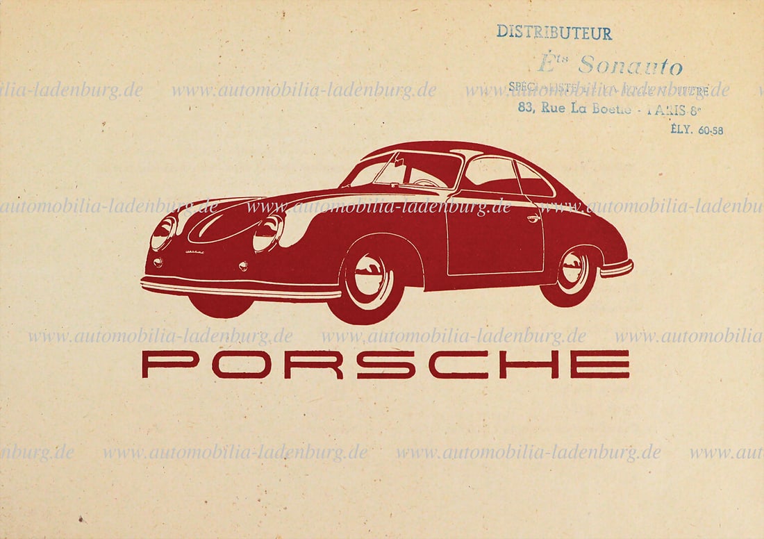 PORSCHE 1951, folding brochure Porsche 356 pre A (split window), 4 pages French text, (100 f 9.51: PORSCHE 1951, folding brochure Porsche 356 pre A (split window), 4 pages French text, (100 f 9.51 7500), fold mark in the middle, otherwise good condition dealer's stamp "Sonauto" German Description P