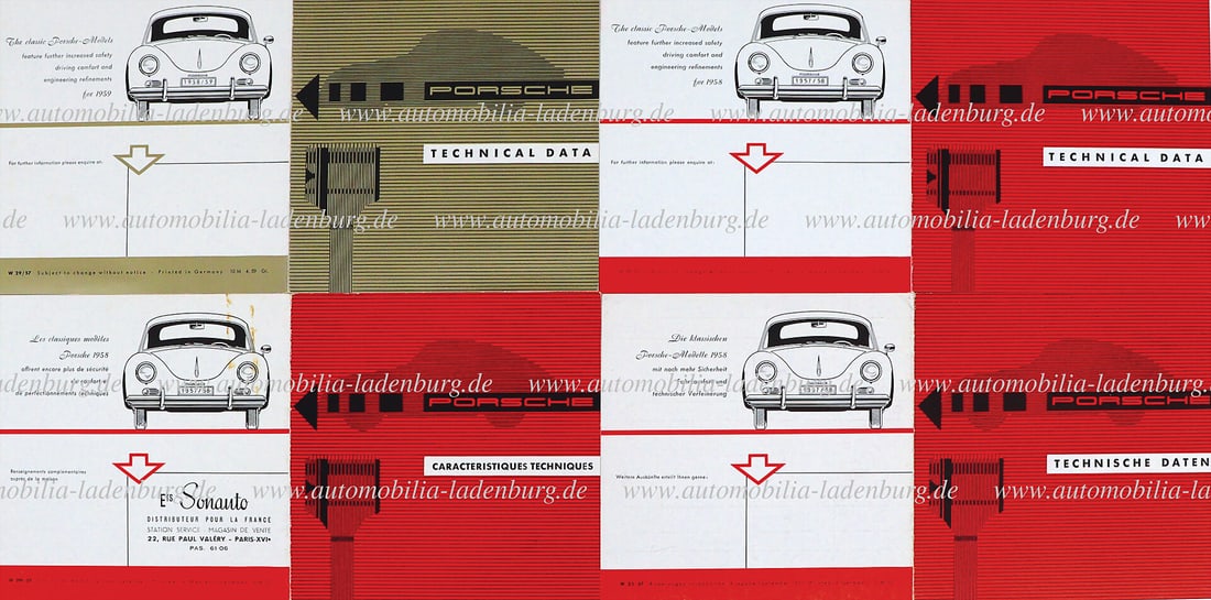 PORSCHE 1957, mixed lot of 4 pcs. folding brochures technical data type 356A, among them 3x Porsche: PORSCHE 1957, mixed lot of 4 pcs. folding brochures technical data type 356A, among them 3x Porsche models 1958, each once in de./ en./ fr. language (W23/ W29/ W291), 356A/ 1600/ S/ 1500 GS Carrera "d