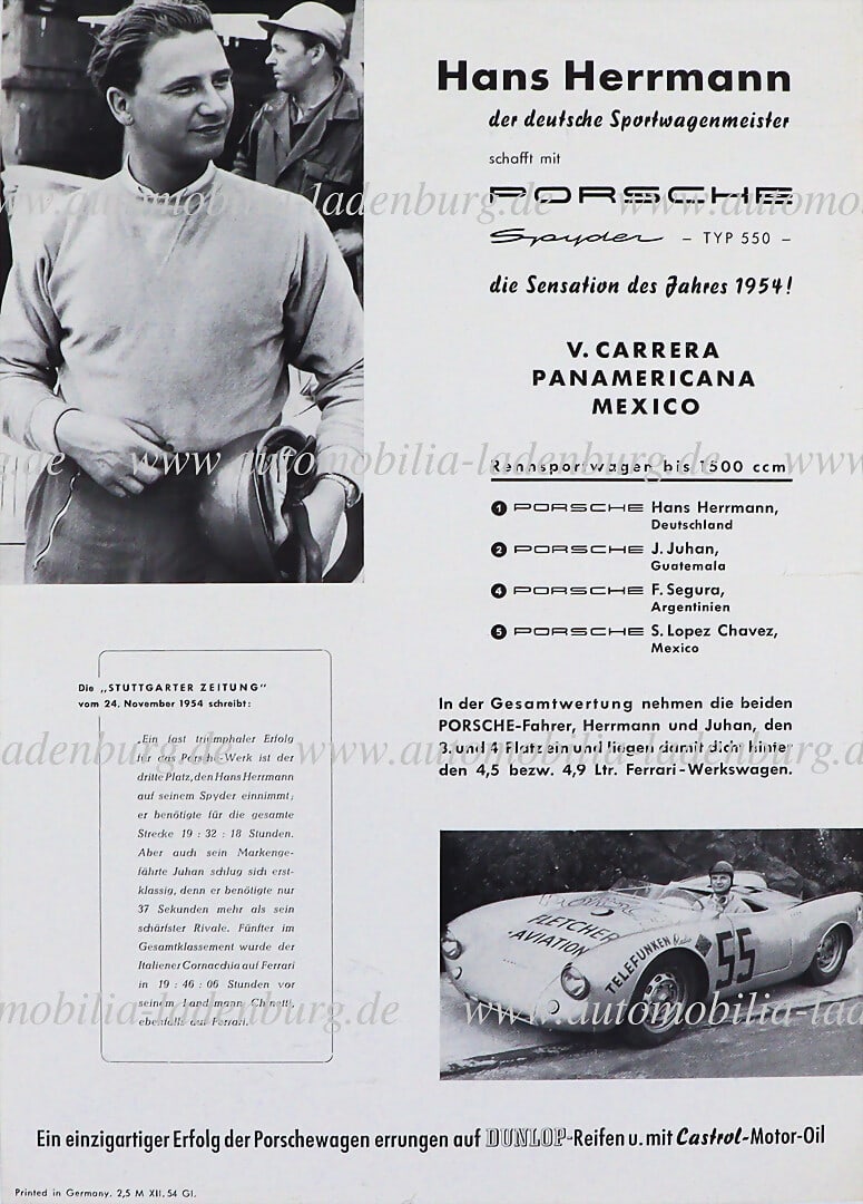 PORSCHE 1954, special edition Porsche 550 Spyder, on it Hans Herrmann and the race results of the: PORSCHE 1954, special edition Porsche 550 Spyder, on it Hans Herrmann and the race results of the Carrera Panamericana, (2,5 M XII.54 Gl.), fold mark with tear in the middle, with traces of usage prin