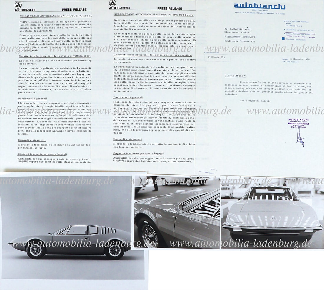 AUTOBIANCHI 1968, Press release Autobianchi Prototipo, 3 pages ital. text, incl. 3 original b/w (1 of 1)