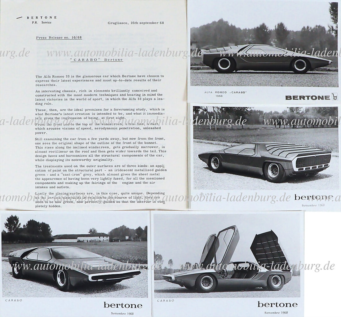 BERTONE 1968, press release Bertone Carabo "Alfa Romeo", 3 pages English text, incl. 4 original b/w: BERTONE 1968, press release Bertone Carabo "Alfa Romeo", 3 pages English text, incl. 4 original b/w press photos, 13x18cm German Description BERTONE 1968, Pressemitteilung Bertone Carabo "Alfa Romeo",