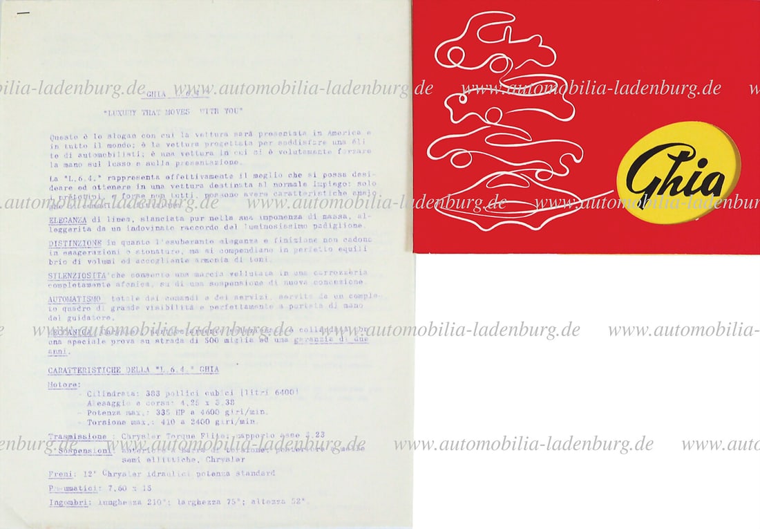 CARROZZERIA GHIA Mixed lot including press release Ghia L6.4, 4 pages, ital. / engl. / franc. text, (1 of 1)