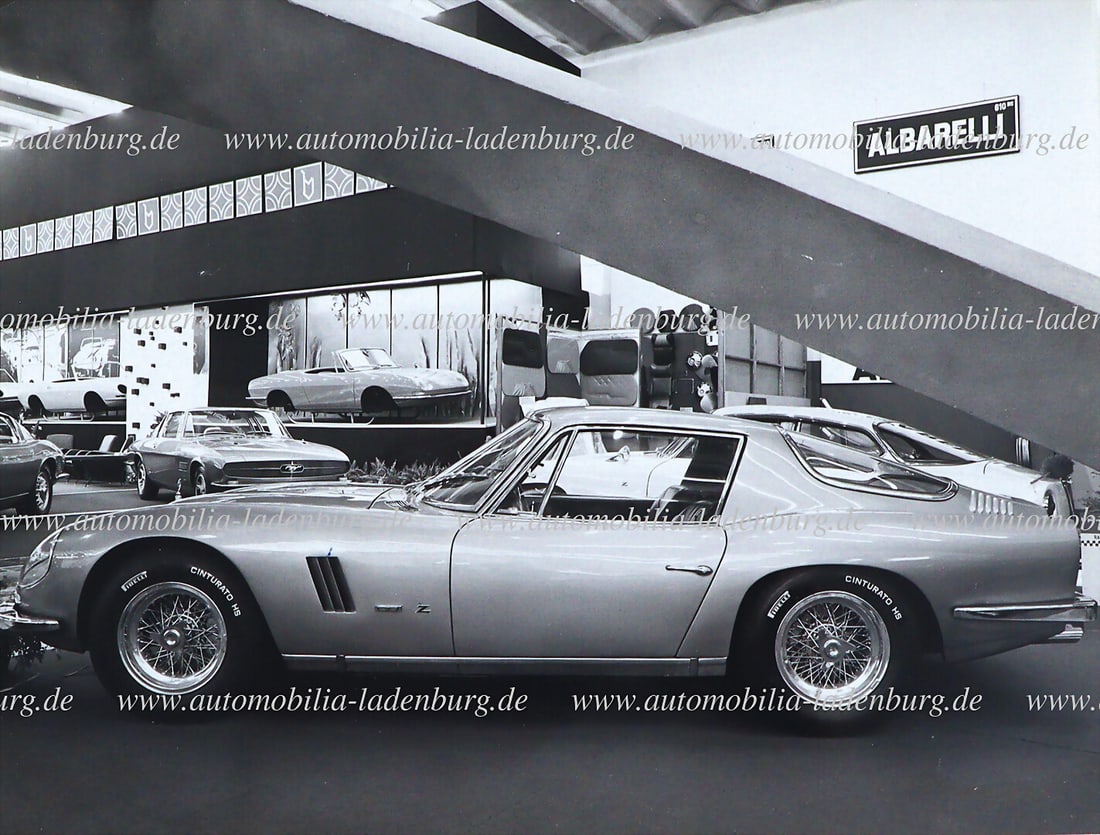 LAMBORGHINI Original b/w photo Lamborghini 350GT Zagato on exhibition stand, in the background the (1 of 2)