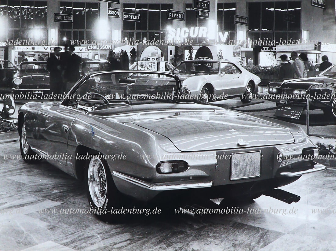 LAMBORGHINI Original b/w photo Lamborghini 350GT Spider, Carrozzeria Touring exhibition stand, in (1 of 2)