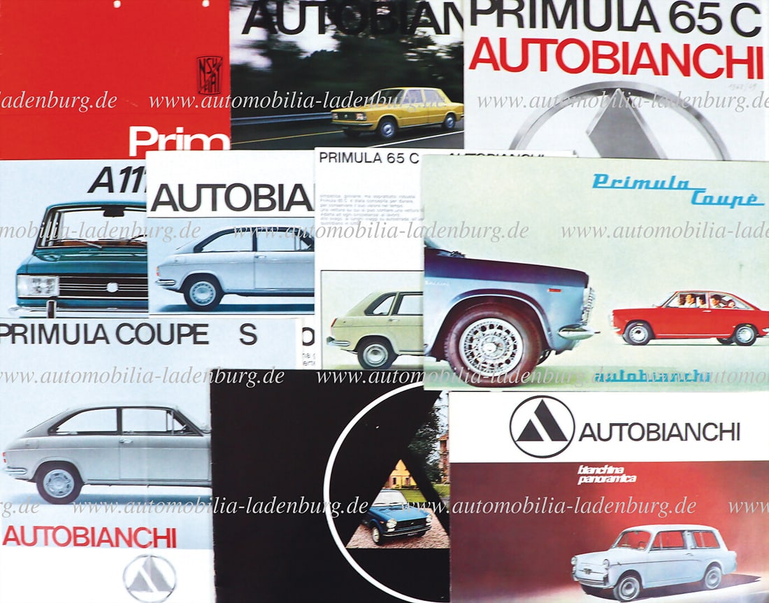 AUTOBIANCHI Mixed lot of 10 Autobianchi sales brochures, including Bianchina Panoramica, Primula,: AUTOBIANCHI Mixed lot of 10 Autobianchi sales brochures, including Bianchina Panoramica, Primula, A111, Primula Coupe S, Primula 65C..., various languages, de., ital... German Description AUTOBIANCHI 