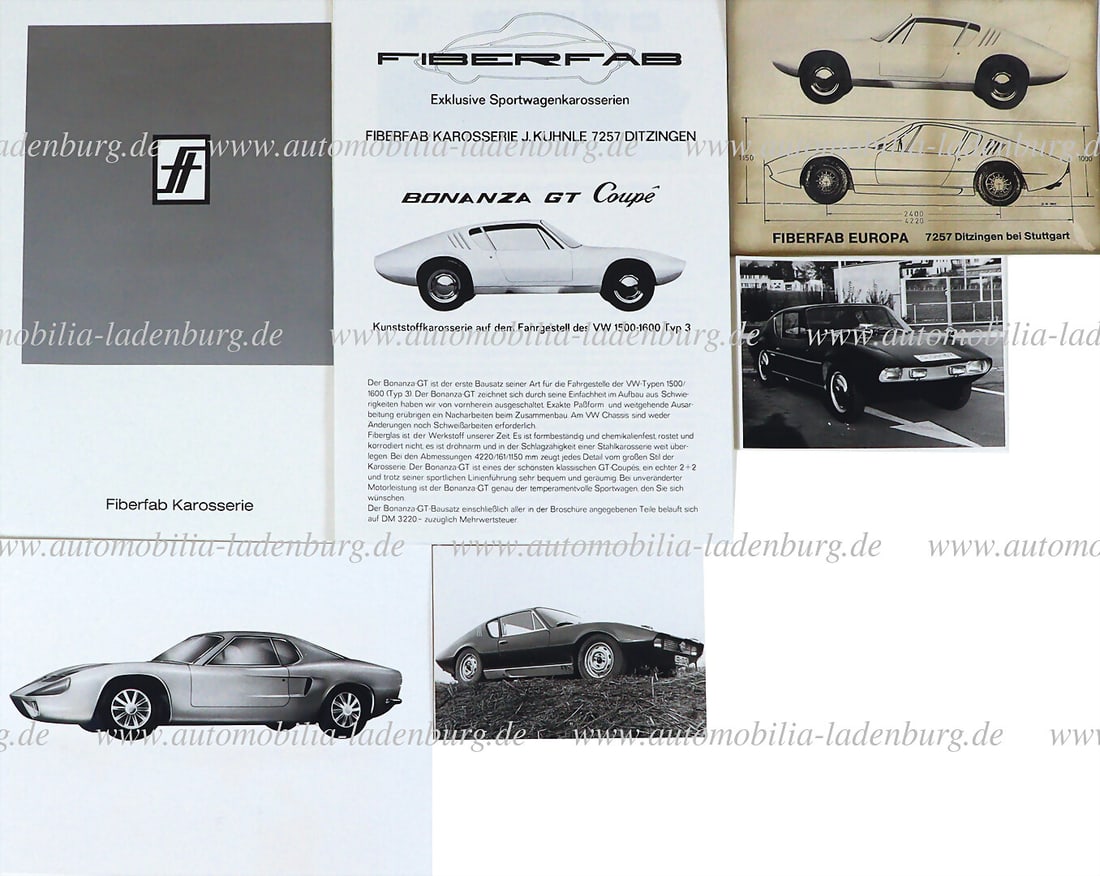 FIBERFAB Collection including folding brochure Fiberfab Bonito, folding brochure Fiberfab Bonanza GT: FIBERFAB Collection including folding brochure Fiberfab Bonito, folding brochure Fiberfab Bonanza GT Coupe, brochures, press releases, price information, and 4 b/w factory photos German Description FI