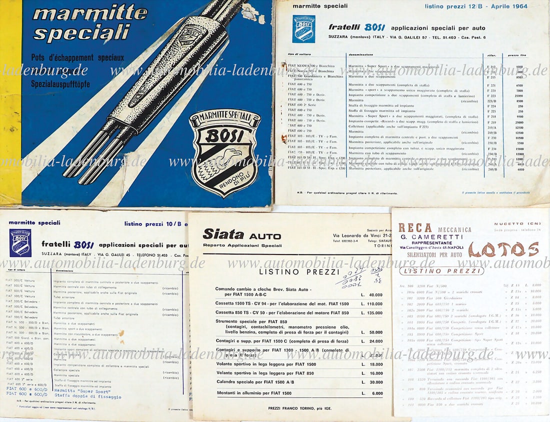 BOSI Sales catalog "Bosi Marmitte Speciali" special mufflers, i.a. for Fiat 600, 750, 1300, 1500; (1 of 1)