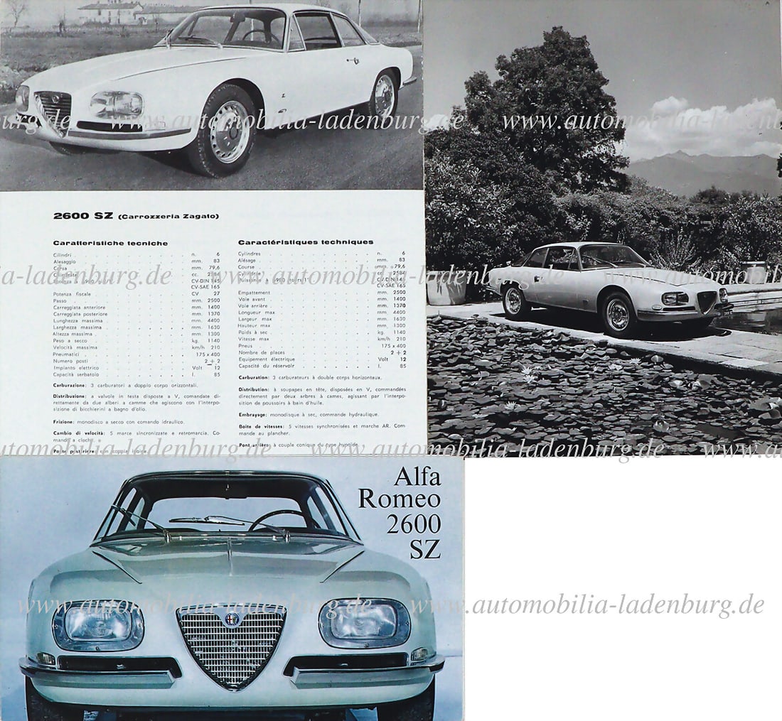 ALFA ROMEO Mixed lot of 3 pieces, including folding brochure Alfa Romeo 2600SZ, ital. Text, (back: ALFA ROMEO Mixed lot of 3 pieces, including folding brochure Alfa Romeo 2600SZ, ital. Text, (back fixed with adhesive tape; technical data sheet, in four languages, and b/w press photo, 24x18cm German