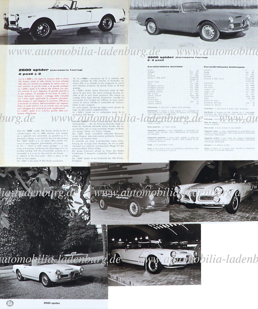 ALFA ROMEO Mixed lot of 6 pieces, including two technical data sheets Alfa Romeo 2600 Spider (1 of 1)