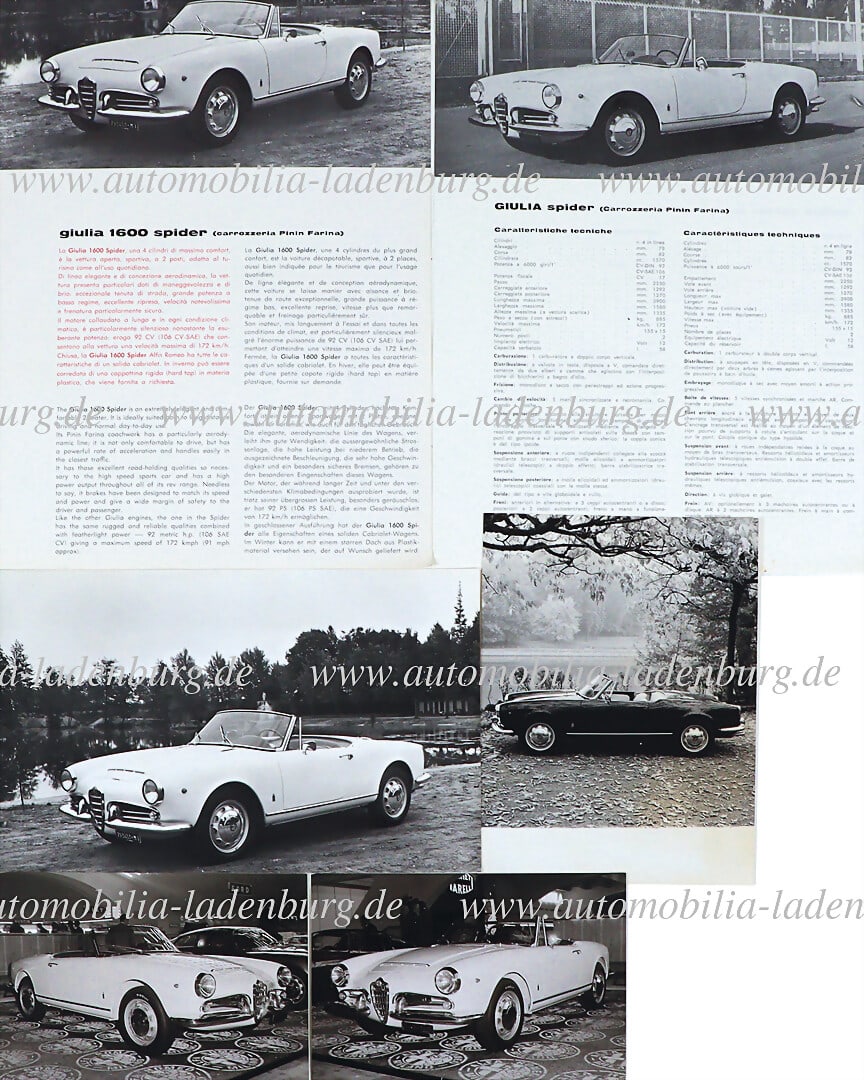 ALFA ROMEO Mixed lot of 6 pieces, including two technical data sheets Alfa Romeo Giulia 1600 Spider, (1 of 1)