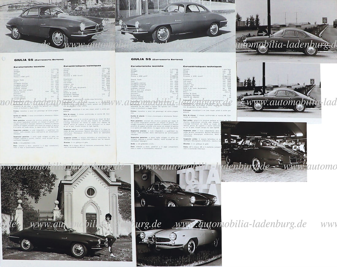 ALFA ROMEO Mixed lot of 8 pieces, including two Alfa Romeo Giulia SS technical data sheets, in four: ALFA ROMEO Mixed lot of 8 pieces, including two Alfa Romeo Giulia SS technical data sheets, in four languages, plus 6 original b/w photos / press photos, various formats German Description ALFA ROMEO 