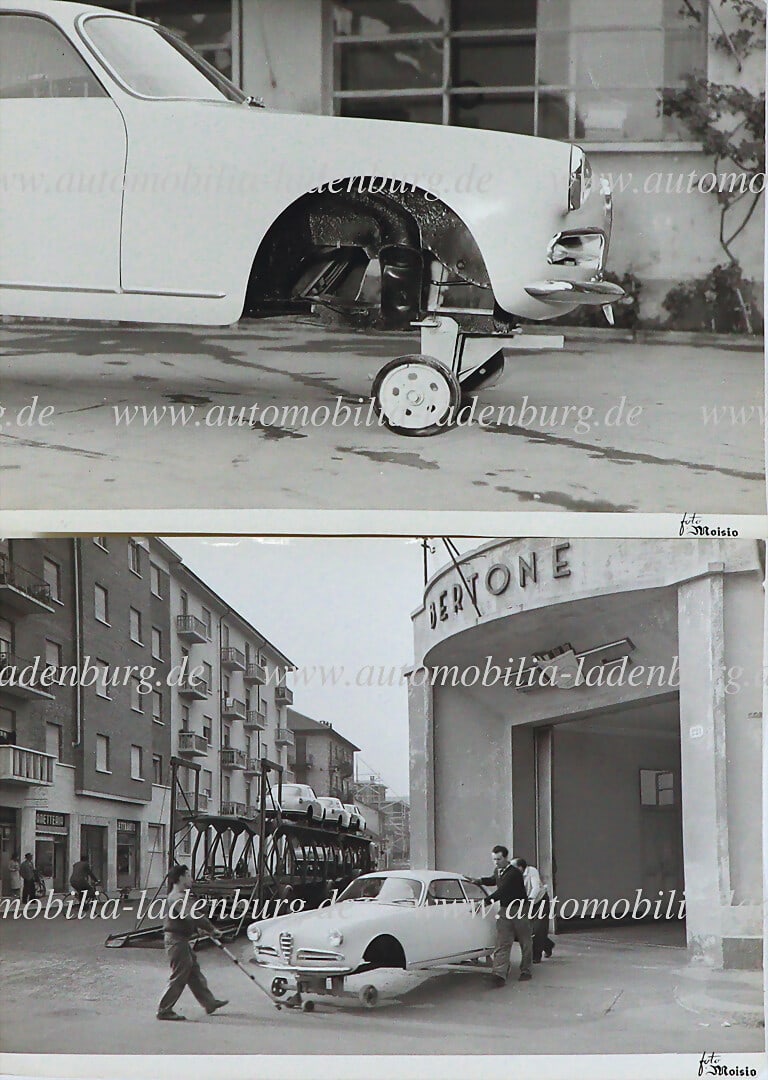 ALFA ROMEO Mixed lot of 2 original b/w photographs (photo Moisio), Alfa Romeo Giulietta, in front of: ALFA ROMEO Mixed lot of 2 original b/w photographs (photo Moisio), Alfa Romeo Giulietta, in front of the Bertone factory, 18x24cm, back stamped "Carrozzeria Bertone" German Description ALFA ROMEO Konv