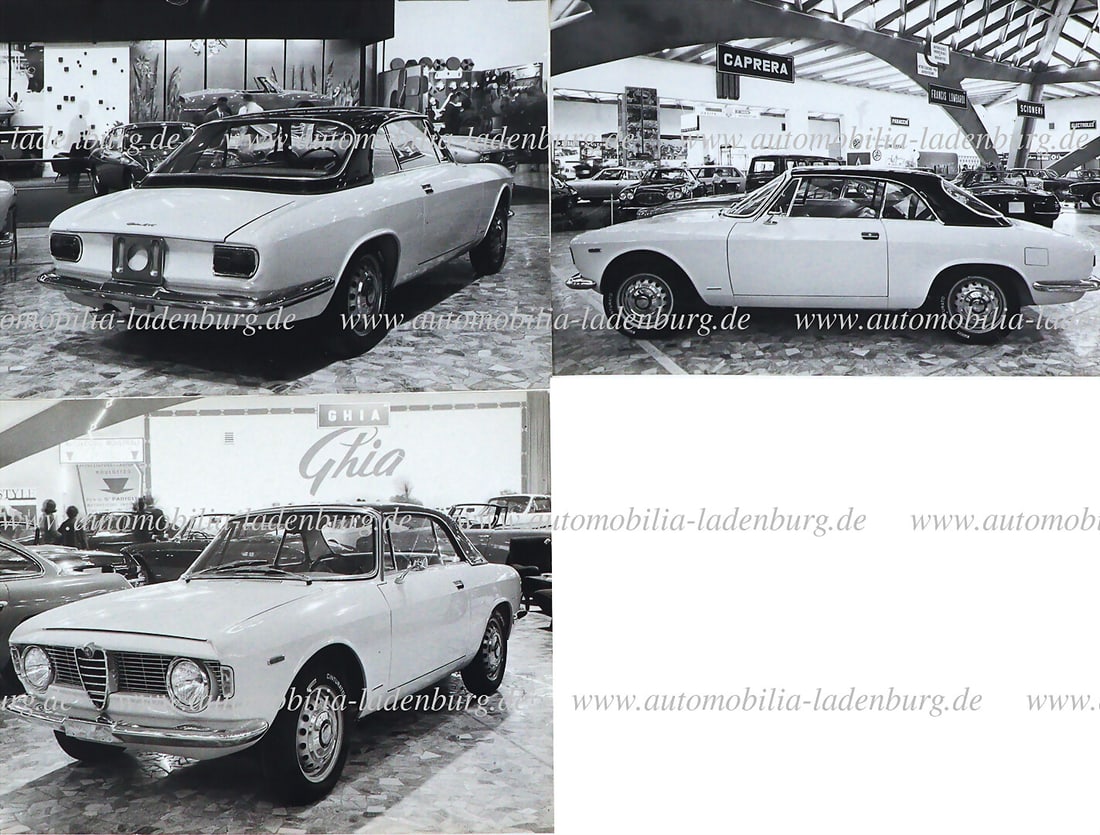 ALFA ROMEO Mixed lot of 3 original b/w photographs Alfa Romeo GTC with hardtop on exhibition stand, (1 of 2)