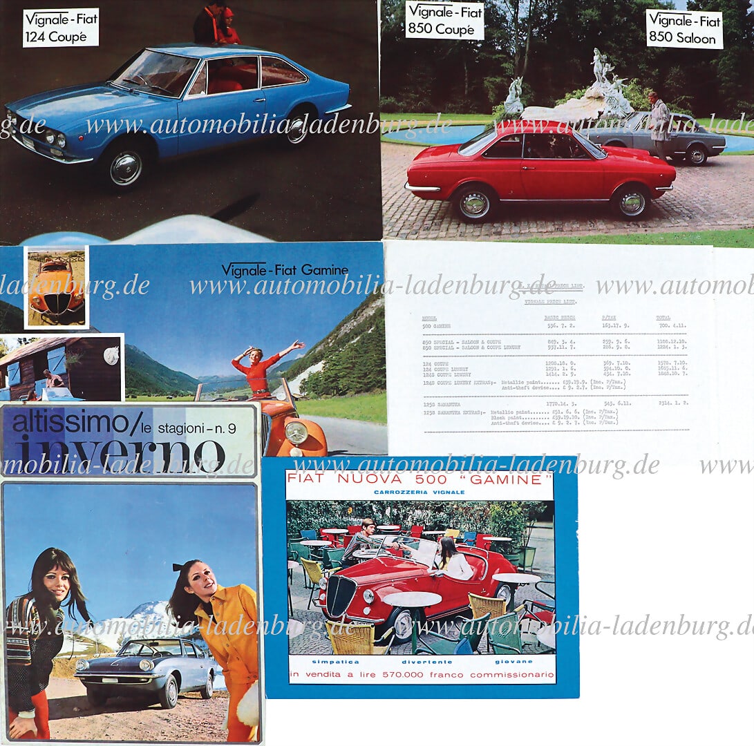 FIAT VIGNALE mixed lot including folding brochure Fiat 500 "Gamine" Vignale, 6 pages, ital. text, (1 of 1)