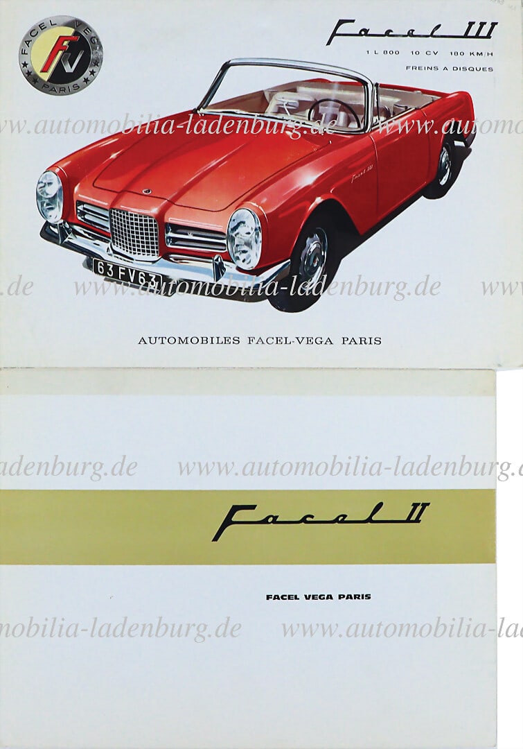 FACEL VEGA Mixed lot of 2 folding brochures including Facel II, 4 pages (upper edge with adhesive: FACEL VEGA Mixed lot of 2 folding brochures including Facel II, 4 pages (upper edge with adhesive strips), trilingual, plus folding brochure Facel III, 3 pages, reverse side trilingual German Descript