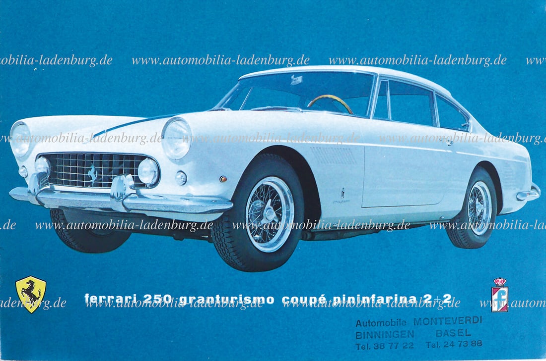 FERRARI Folding brochure Ferrari 250 granturismo coupe pininfarina 2+2, 10 pages German text,: FERRARI Folding brochure Ferrari 250 granturismo coupe pininfarina 2+2, 10 pages German text, stamped "Automobile Monteverdi Basel" German Description FERRARI Faltprospekt Ferrari 250 granturismo coup