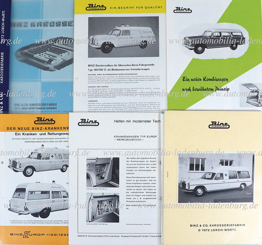 BODYWORK BINZ Binz car body collection, sales folder with numerous sales brochures, factory: BODYWORK BINZ Binz car body collection, sales folder with numerous sales brochures, factory brochure, Bonz special bodies for Mercedes-Benz chassis, press photos (glued on). German Description KAROSSE