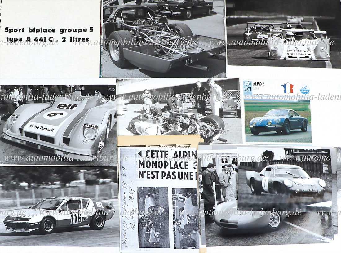 ALPINE Hanging file with 22 original b/w and color photos, as well as one-sheet brochure Alpine: ALPINE Hanging file with 22 original b/w and color photos, as well as one-sheet brochure Alpine Renault Type A364 Formule 3; press kit with technical data Renault Gordini ELF 2 Liter, technical data A