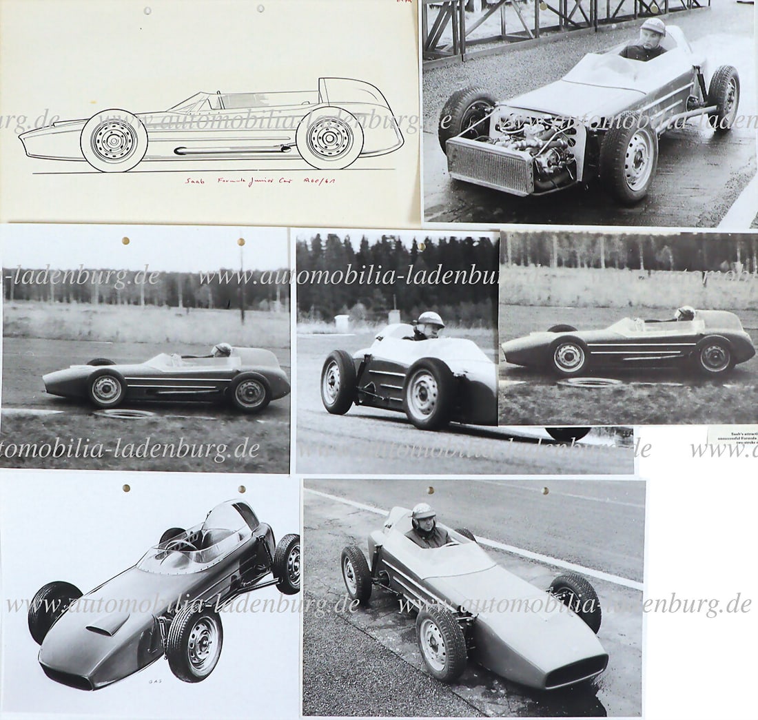 SAAB 1960/1961, mixed lot of 6 b/w photos, Saab Formula Junior, 18x24cm, and an ink drawing (DIN (1 of 2)