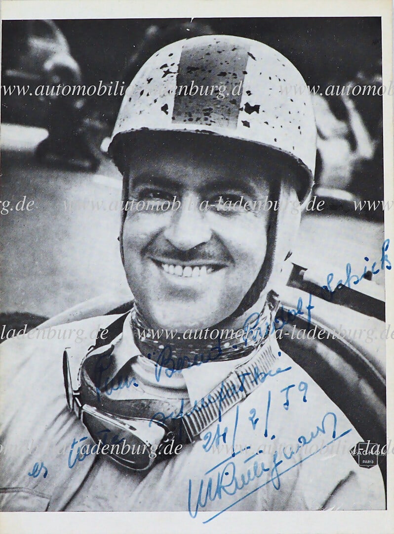 MAURICE TRINTIGNANT Hand-signed newspaper clipping Maurice Trintignant, dated 1959, glued onto thin (1 of 2)