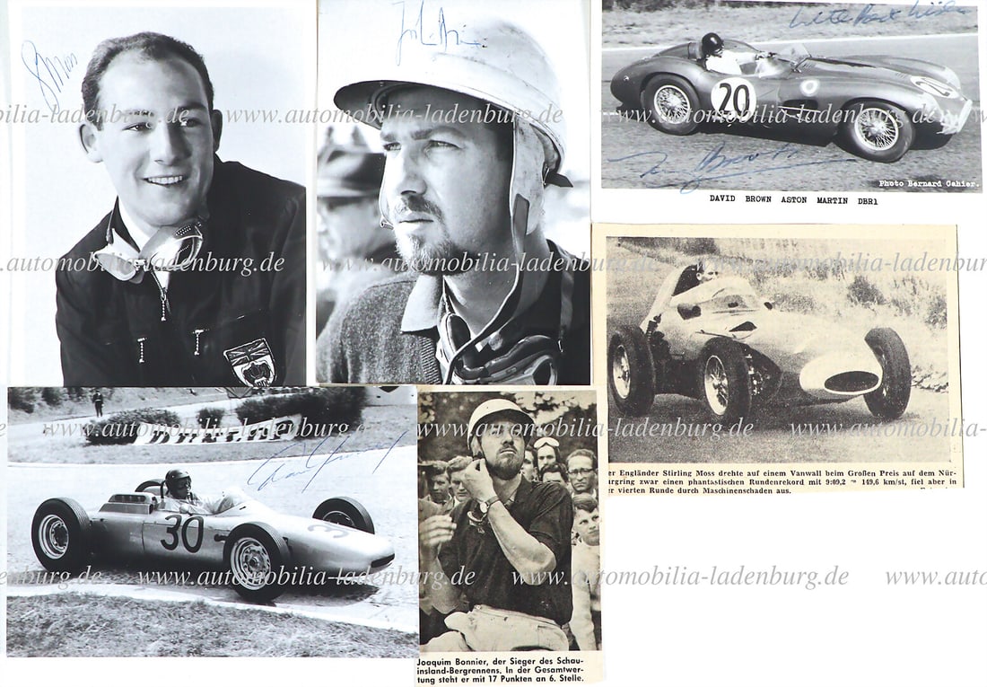 Mixed lot including signed original b/w photo (Cahier), Tony Brooks on Aston Martin DBR1, 8x14cm; (1 of 2)