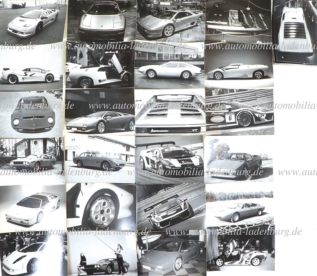 LAMBORGHINI Mixed lot of 43 original b/w photos including Lamborghini Diablo; Diablo Roadster;: LAMBORGHINI Mixed lot of 43 original b/w photos including Lamborghini Diablo; Diablo Roadster; Islero; Espada; Jarama; Diablo VT; Athon Bertone; 350GT..., 12x17cm German Description LAMBORGHINI Konvol