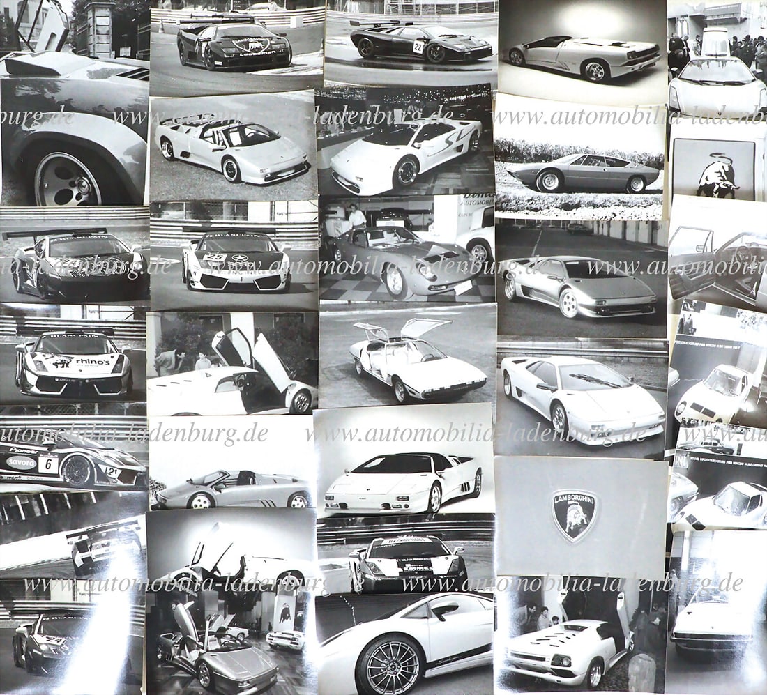 LAMBORGHINI Collection of 32 original b/w photographs, including Lamborghini Urraco; Diablo SV; (1 of 1)