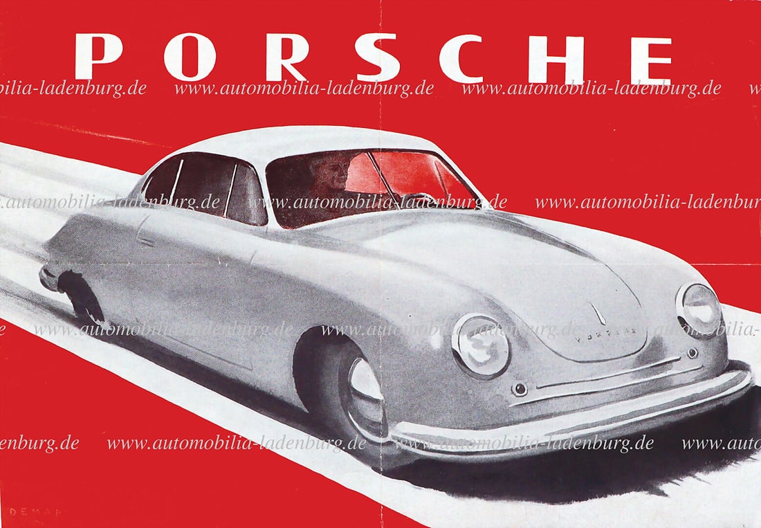 PORSCHE 1948/49, folding brochure Porsche type 356 Gmünd, 1st version with cable brake, 4 pages: PORSCHE 1948/49, folding brochure Porsche type 356 Gmünd, 1st version with cable brake, 4 pages German text, first sales brochure of the company Porsche, design Demar, horizontal and vertical fol
