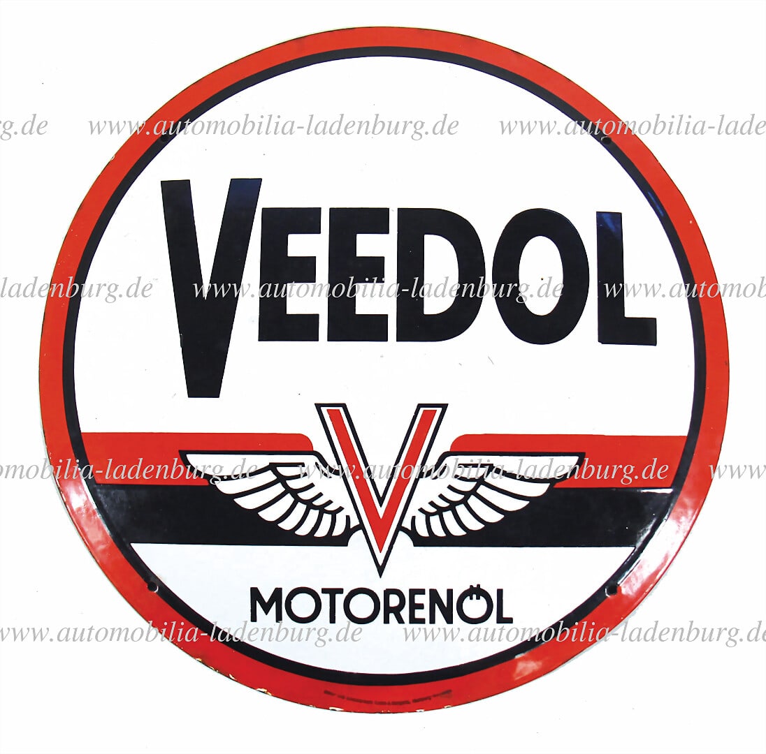 VEEDOL Enamel sign Veedol engine oil, diameter 49.5cm, minimal paint defects at the edges, still: VEEDOL Enamel sign Veedol engine oil, diameter 49.5cm, minimal paint defects at the edges, still good condition, sticker "Vulkan-Email" on the back German Description VEEDOL Emailleschild Veedol Motor