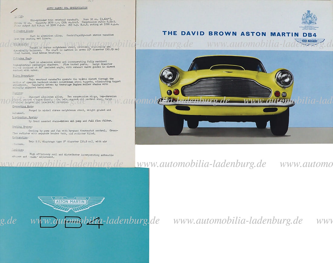 ASTON MARTIN Mixed lot of 3 pieces including DB4 specifications, 4 pages; 1959 folding brochure "The: ASTON MARTIN Mixed lot of 3 pieces including DB4 specifications, 4 pages; 1959 folding brochure "The David Brown Aston Martin DB4" back page in four languages and DB4 folding brochure (DTV/360), 4 pag