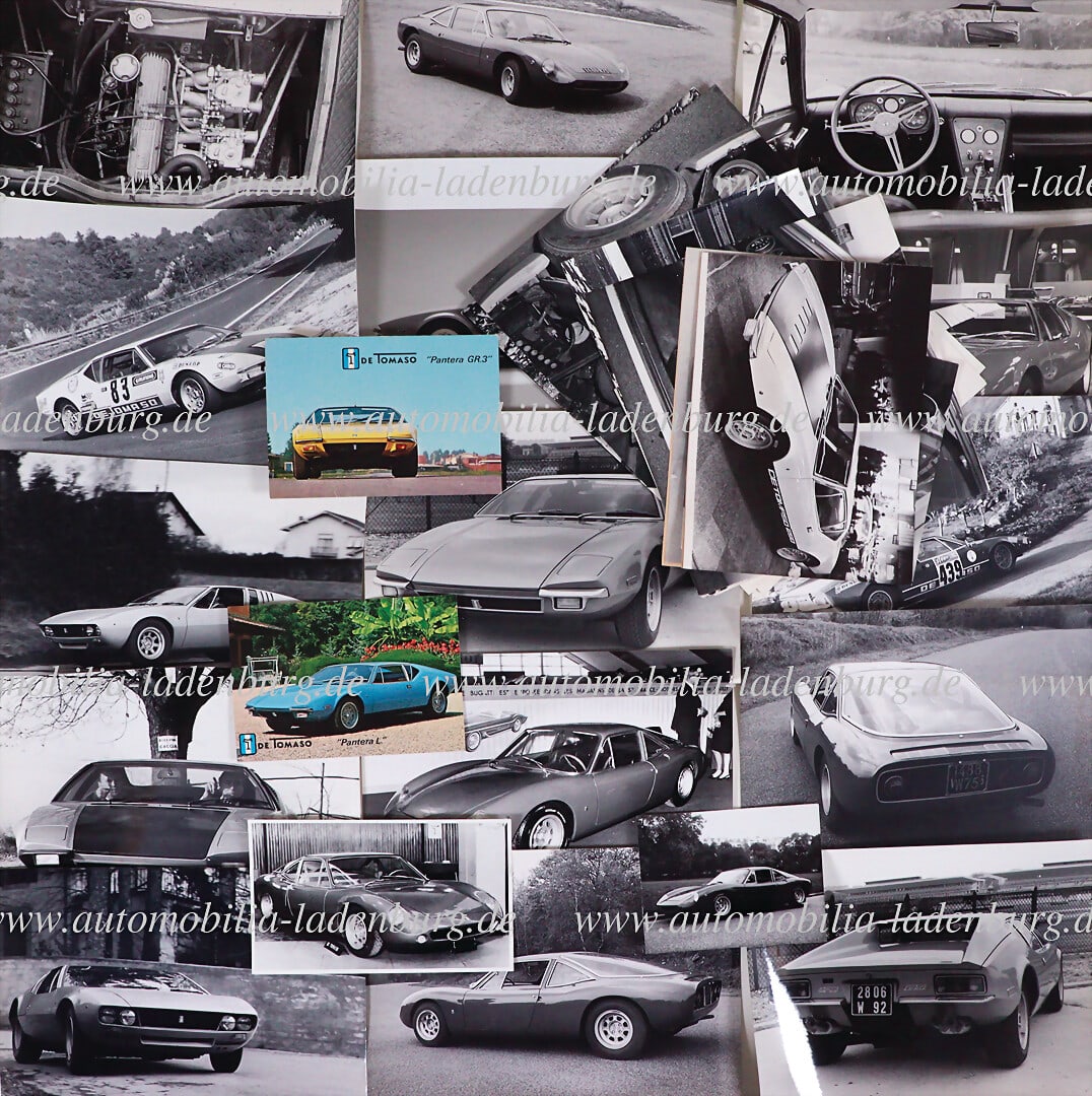 DE TOMASO Mixed lot of 30 original b/w photos & factory/press photos, including Vallelunga/ Spyder;: DE TOMASO Mixed lot of 30 original b/w photos & factory/press photos, including Vallelunga/ Spyder; Pantera/ GT; Mangusta; on exhibition stands, at races, etc., 2x stamped "DeTomaso" and 2 factory pos